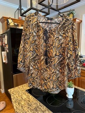 Tahari Black and Gold Paisley Tie-Front Tunic